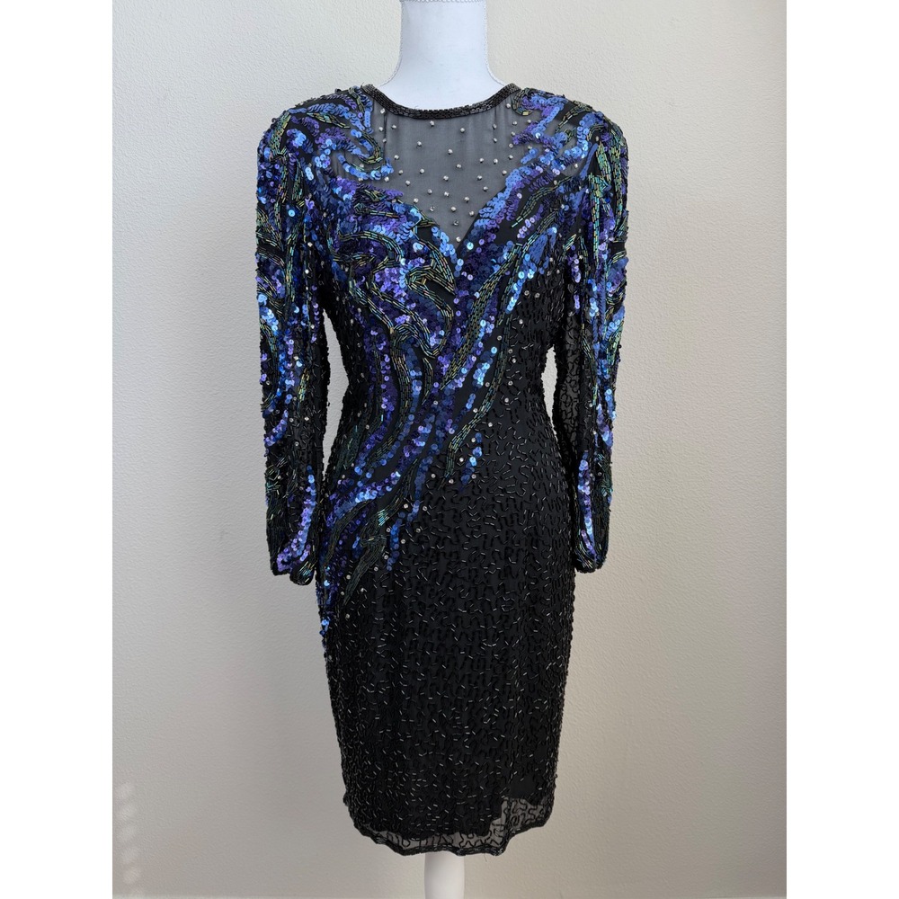 VTG h.c.ellicott Womens Silk Cocktail Dress 10 Black Blue Beaded Sequin 80s Glam
